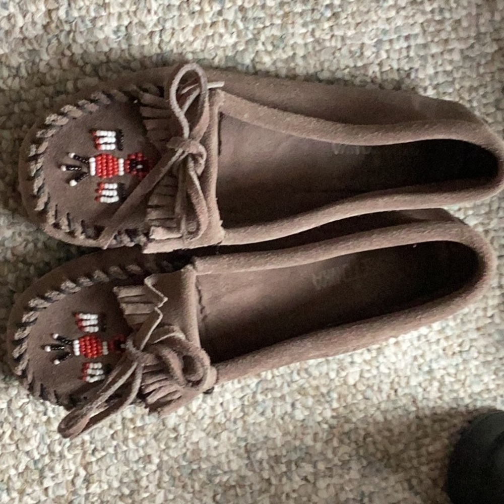 Grey Minnetonka beaded moccasin